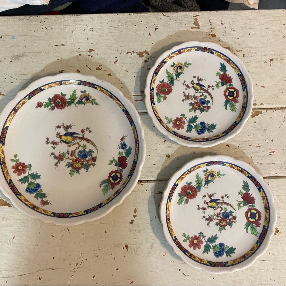 Syracuse China Peacock Floral Plates Dewitt Bird Plates vintage set of 3…